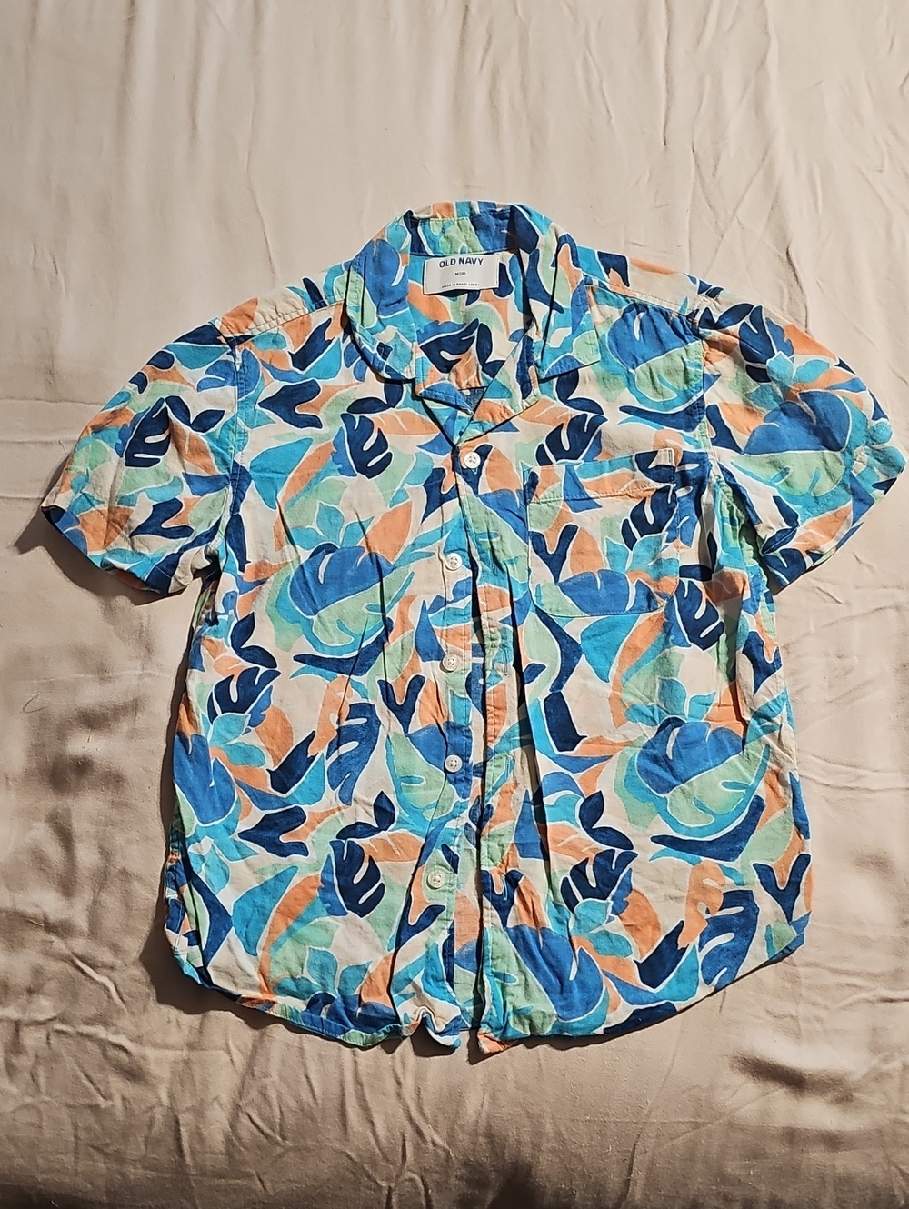 Old Navy Short Sleeve Tropical Print Shirt - Blue, Aqua & Orange